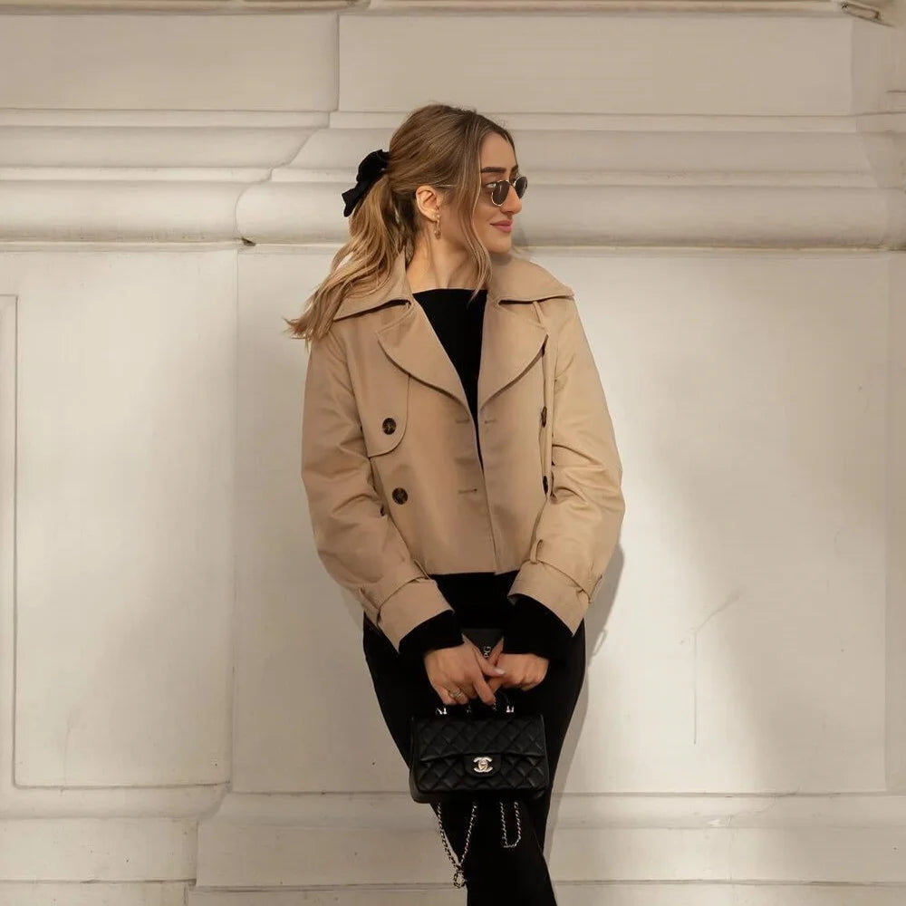 Vintage Cropped Trench Jacket – Women’s Double Breasted Streetwear Coat