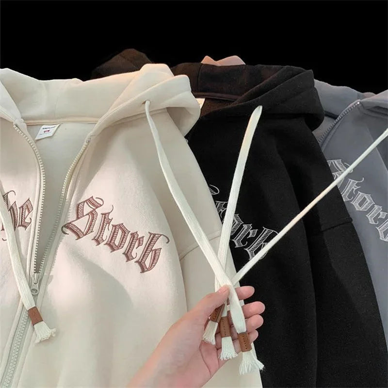 Men’s Hooded Zip-Up Cardigan Sweatshirt – Autumn/Winter Casual Loose Fit with Embroidery