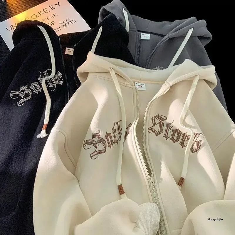 Men’s Hooded Zip-Up Cardigan Sweatshirt – Autumn/Winter Casual Loose Fit with Embroidery