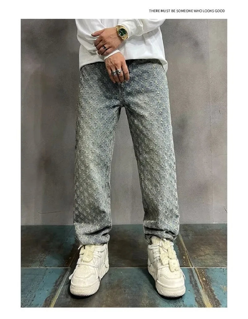 UrbanVault™ 2024 Jacquard Streetwear Jeans – Loose Wide-Leg, Straight Fit with All-Over Pattern