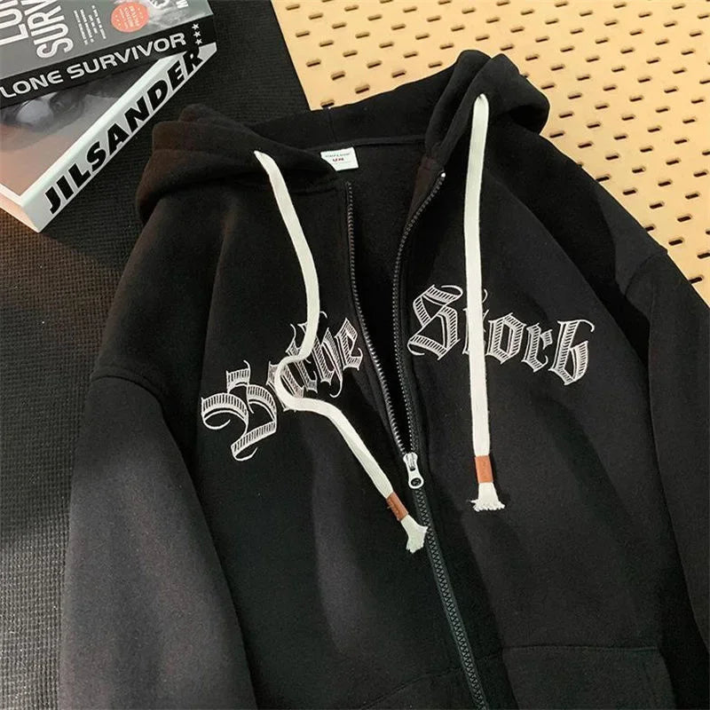 Men’s Hooded Zip-Up Cardigan Sweatshirt – Autumn/Winter Casual Loose Fit with Embroidery