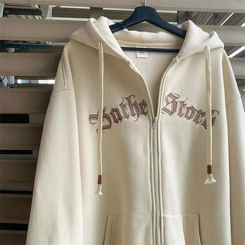 Men’s Hooded Zip-Up Cardigan Sweatshirt – Autumn/Winter Casual Loose Fit with Embroidery
