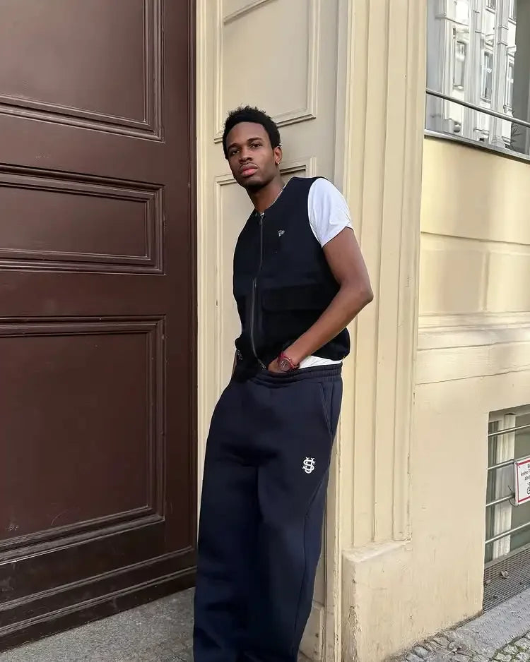 Men’s Navy Blue Y2K Joggers – Coin Embroidery | Retro Berlin Streetwear Sweatpants