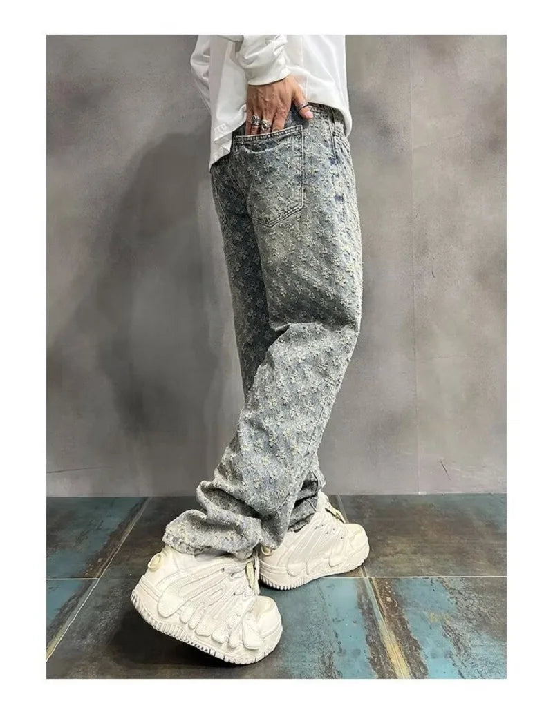 UrbanVault™ 2024 Jacquard Streetwear Jeans – Loose Wide-Leg, Straight Fit with All-Over Pattern