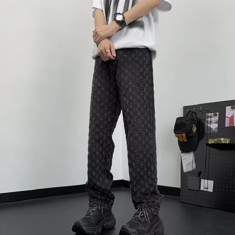 UrbanVault™ 2024 Jacquard Streetwear Jeans – Loose Wide-Leg, Straight Fit with All-Over Pattern