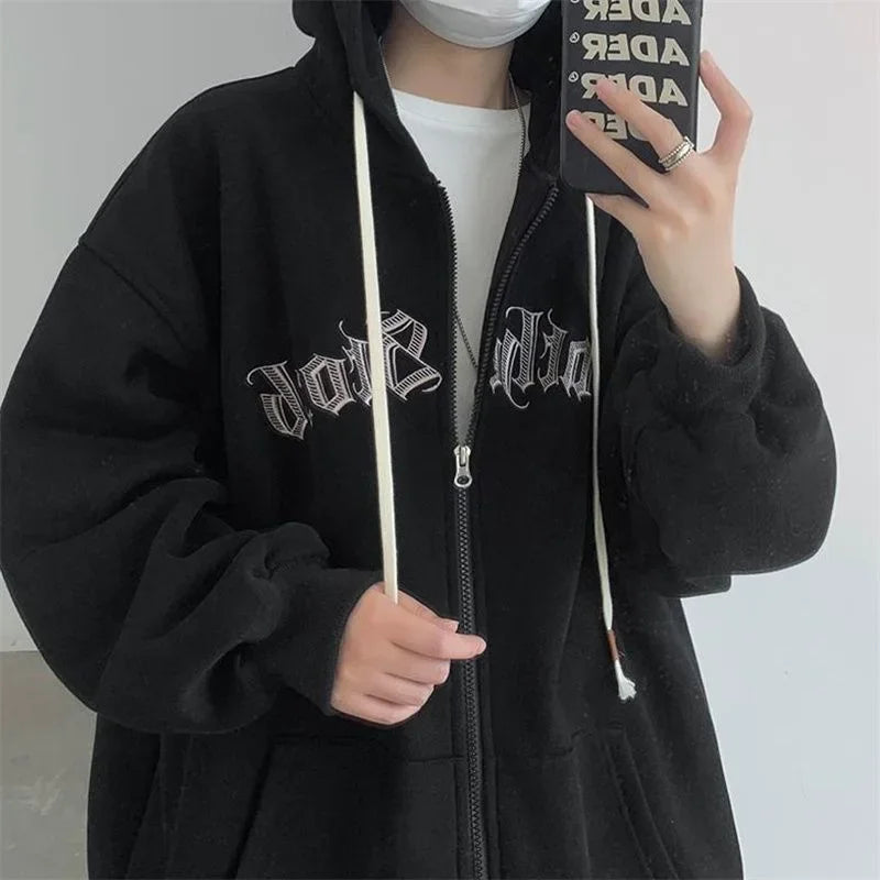 Men’s Hooded Zip-Up Cardigan Sweatshirt – Autumn/Winter Casual Loose Fit with Embroidery