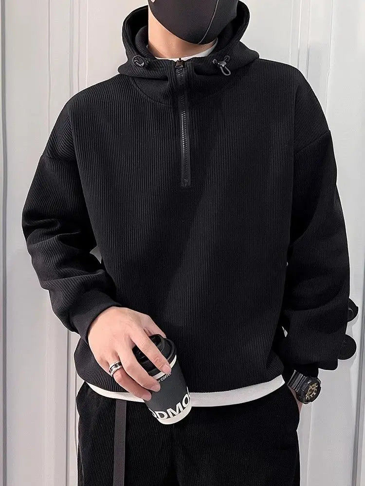 Men's Half-Zip Hooded Loose Casual Sweatshirt Spring Autumn Solid Color Simple Couple's Plush Top Coat