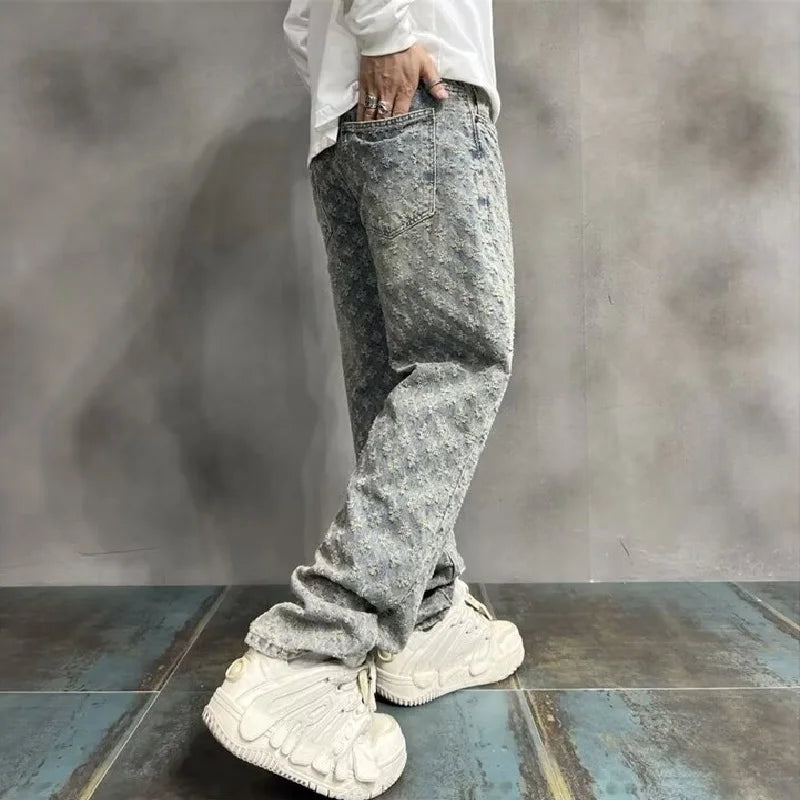UrbanVault™ 2024 Jacquard Streetwear Jeans – Loose Wide-Leg, Straight Fit with All-Over Pattern