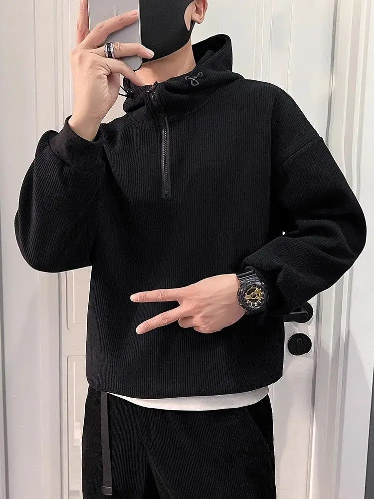 Men's Half-Zip Hooded Loose Casual Sweatshirt Spring Autumn Solid Color Simple Couple's Plush Top Coat