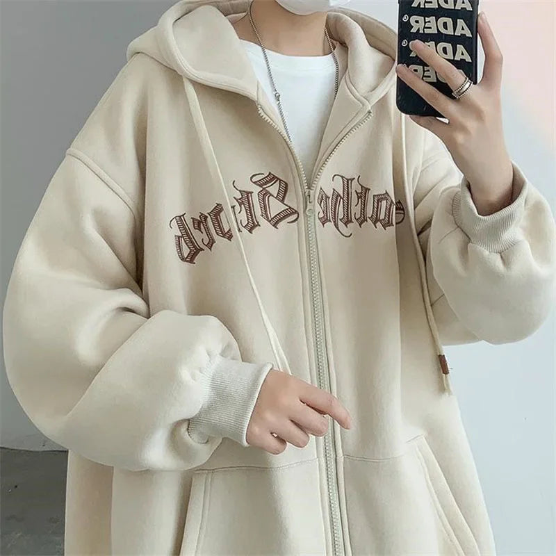 Men’s Hooded Zip-Up Cardigan Sweatshirt – Autumn/Winter Casual Loose Fit with Embroidery