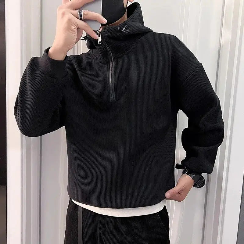 Men's Half-Zip Hooded Loose Casual Sweatshirt Spring Autumn Solid Color Simple Couple's Plush Top Coat
