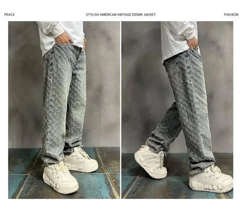 UrbanVault™ 2024 Jacquard Streetwear Jeans – Loose Wide-Leg, Straight Fit with All-Over Pattern