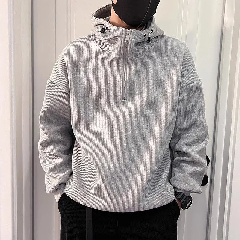 Men's Half-Zip Hooded Loose Casual Sweatshirt Spring Autumn Solid Color Simple Couple's Plush Top Coat