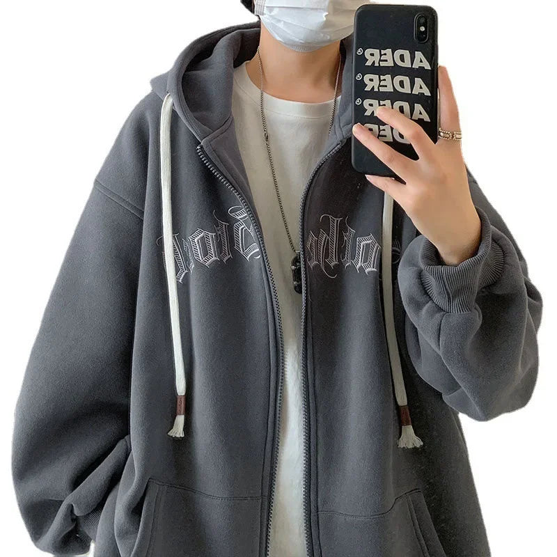 Men’s Hooded Zip-Up Cardigan Sweatshirt – Autumn/Winter Casual Loose Fit with Embroidery