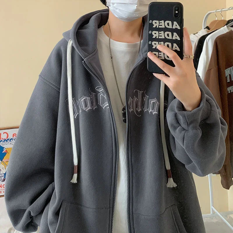 Men’s Hooded Zip-Up Cardigan Sweatshirt – Autumn/Winter Casual Loose Fit with Embroidery