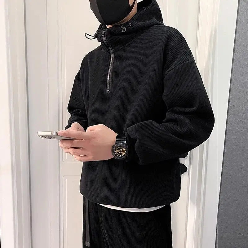 Men's Half-Zip Hooded Loose Casual Sweatshirt Spring Autumn Solid Color Simple Couple's Plush Top Coat