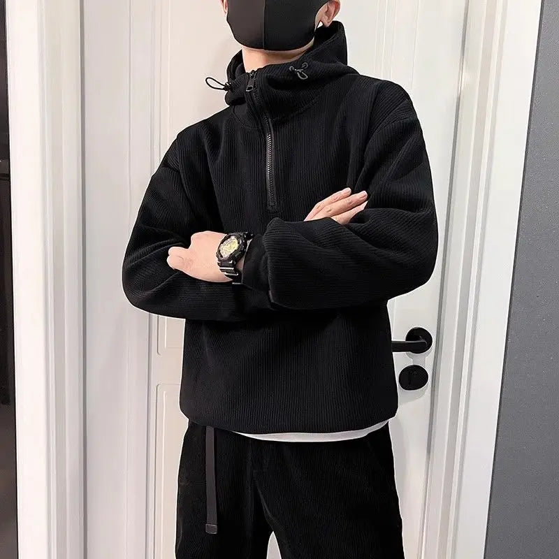 Men's Half-Zip Hooded Loose Casual Sweatshirt Spring Autumn Solid Color Simple Couple's Plush Top Coat