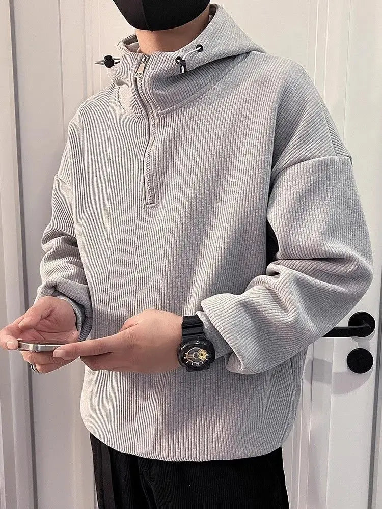 Men's Half-Zip Hooded Loose Casual Sweatshirt Spring Autumn Solid Color Simple Couple's Plush Top Coat