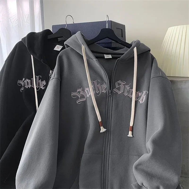 Men’s Hooded Zip-Up Cardigan Sweatshirt – Autumn/Winter Casual Loose Fit with Embroidery