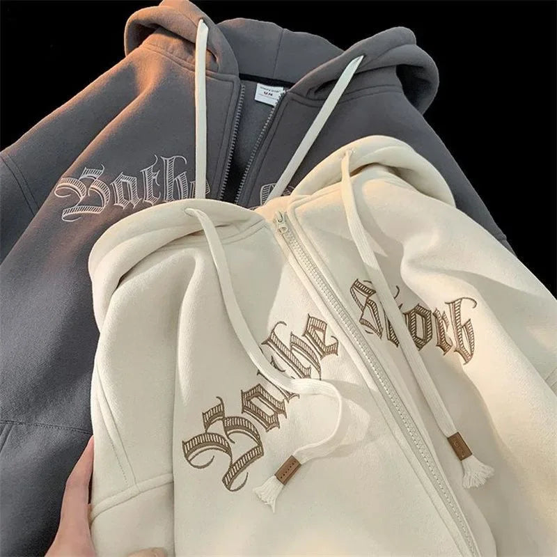 Men’s Hooded Zip-Up Cardigan Sweatshirt – Autumn/Winter Casual Loose Fit with Embroidery