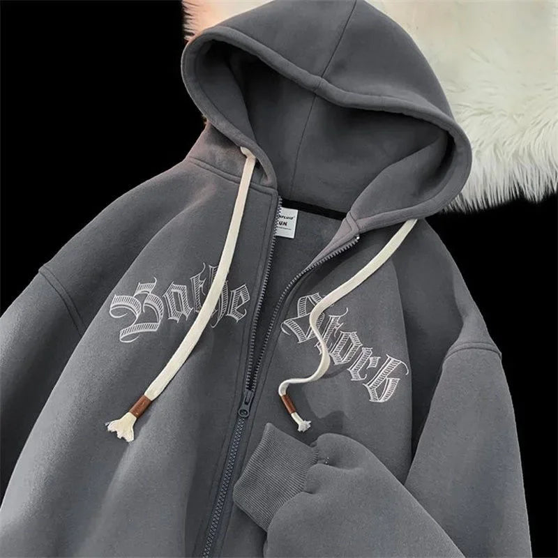 Men’s Hooded Zip-Up Cardigan Sweatshirt – Autumn/Winter Casual Loose Fit with Embroidery