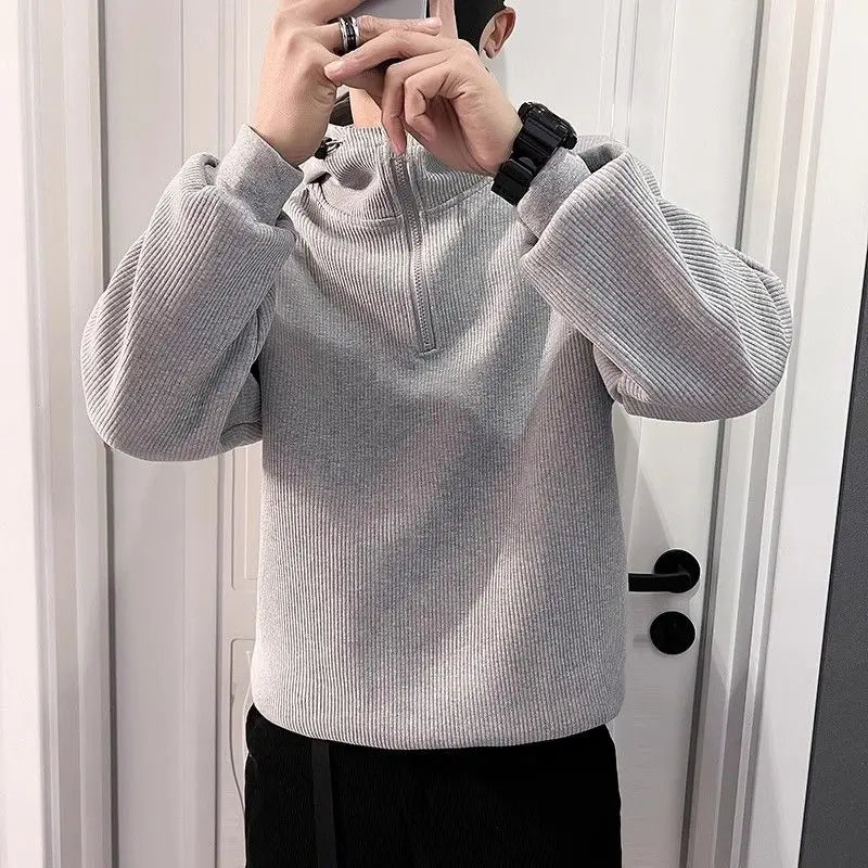 Men's Half-Zip Hooded Loose Casual Sweatshirt Spring Autumn Solid Color Simple Couple's Plush Top Coat