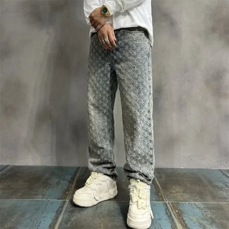 UrbanVault™ 2024 Jacquard Streetwear Jeans – Loose Wide-Leg, Straight Fit with All-Over Pattern