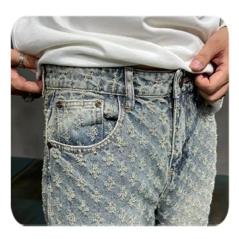 UrbanVault™ 2024 Jacquard Streetwear Jeans – Loose Wide-Leg, Straight Fit with All-Over Pattern