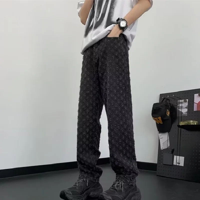 UrbanVault™ 2024 Jacquard Streetwear Jeans – Loose Wide-Leg, Straight Fit with All-Over Pattern