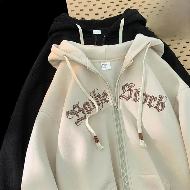 Men’s Hooded Zip-Up Cardigan Sweatshirt – Autumn/Winter Casual Loose Fit with Embroidery