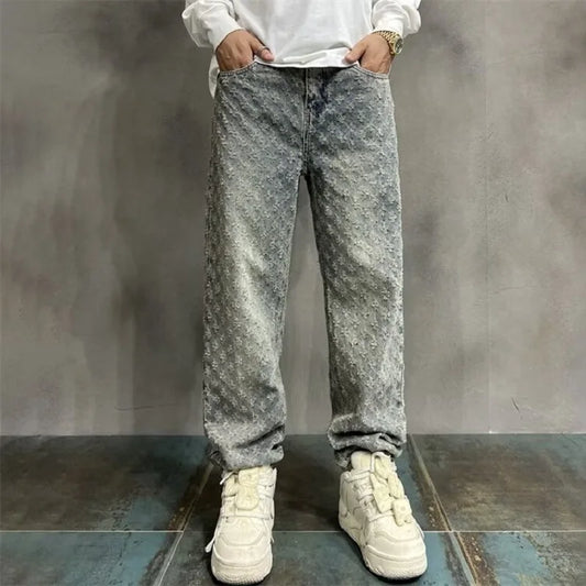 UrbanVault™ 2024 Jacquard Streetwear Jeans – Loose Wide-Leg, Straight Fit with All-Over Pattern