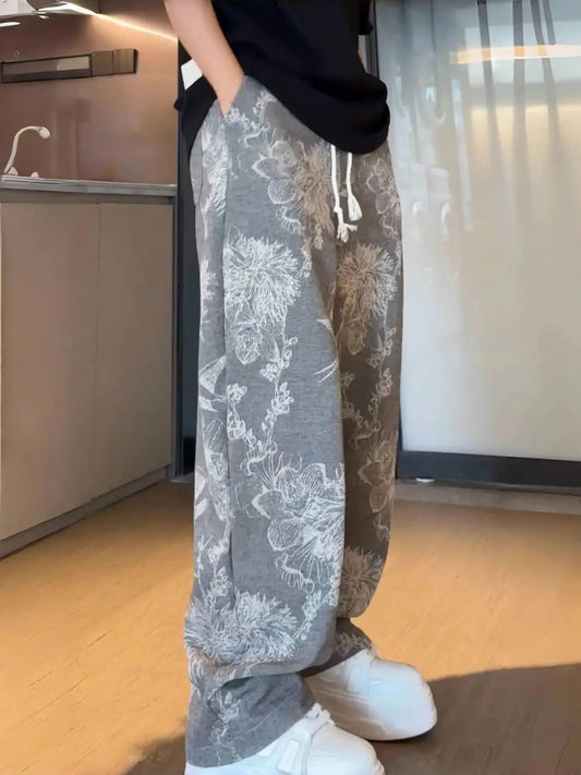 2024 Retro Floral Wide-Leg Pants – Loose Straight Fit High Street Style for Men