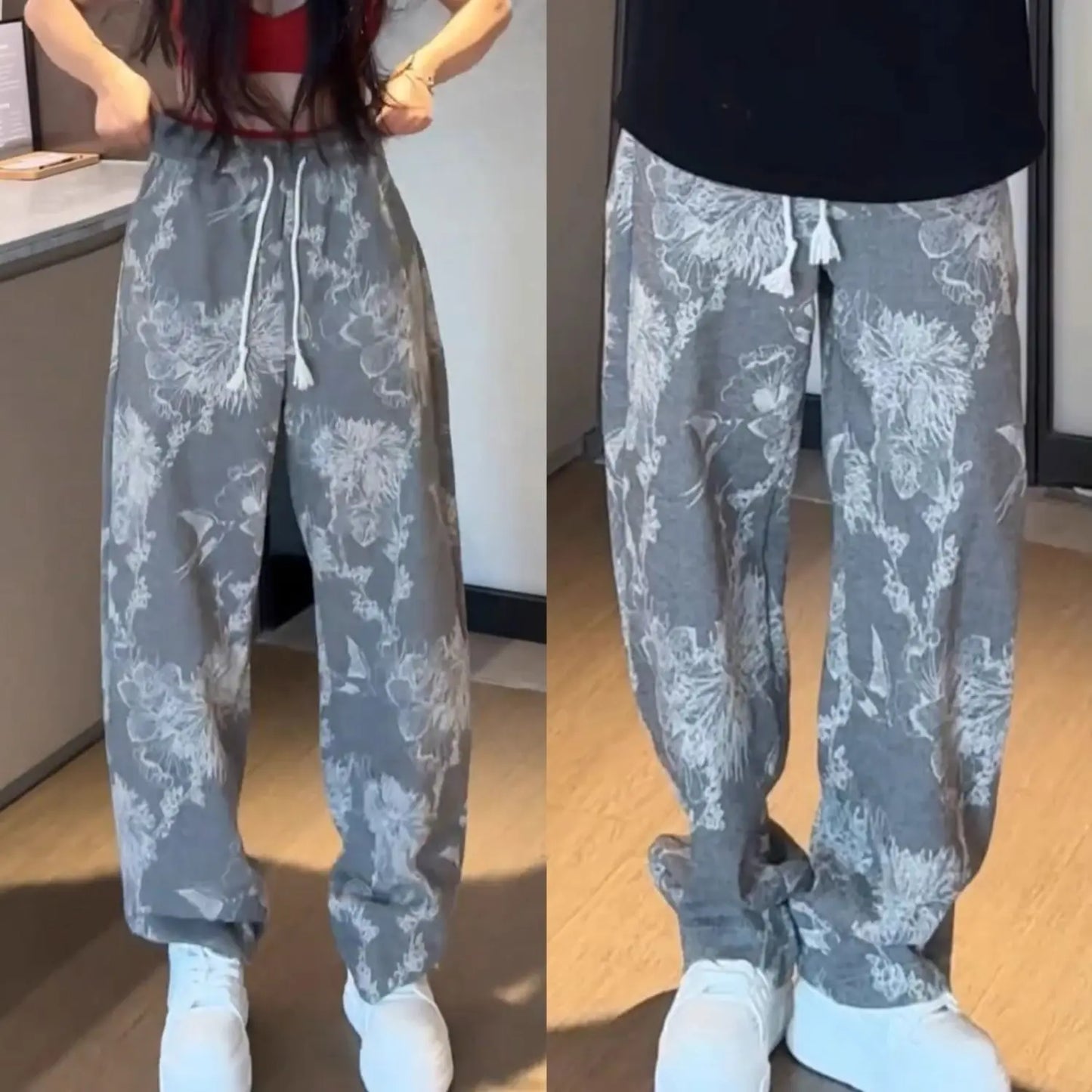 2024 Retro Floral Wide-Leg Pants – Loose Straight Fit High Street Style for Men