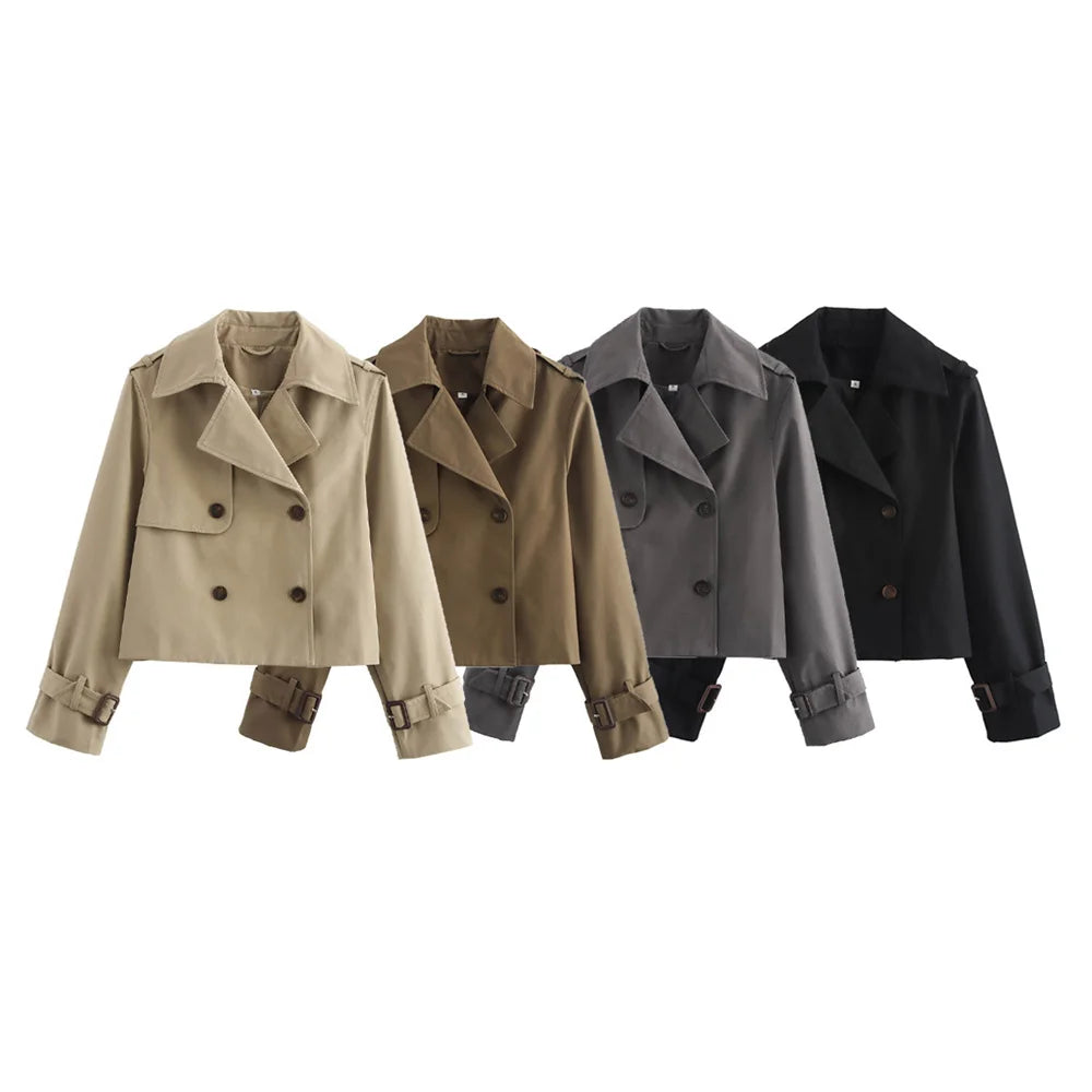 Vintage Cropped Trench Jacket – Women’s Double Breasted Streetwear Coat