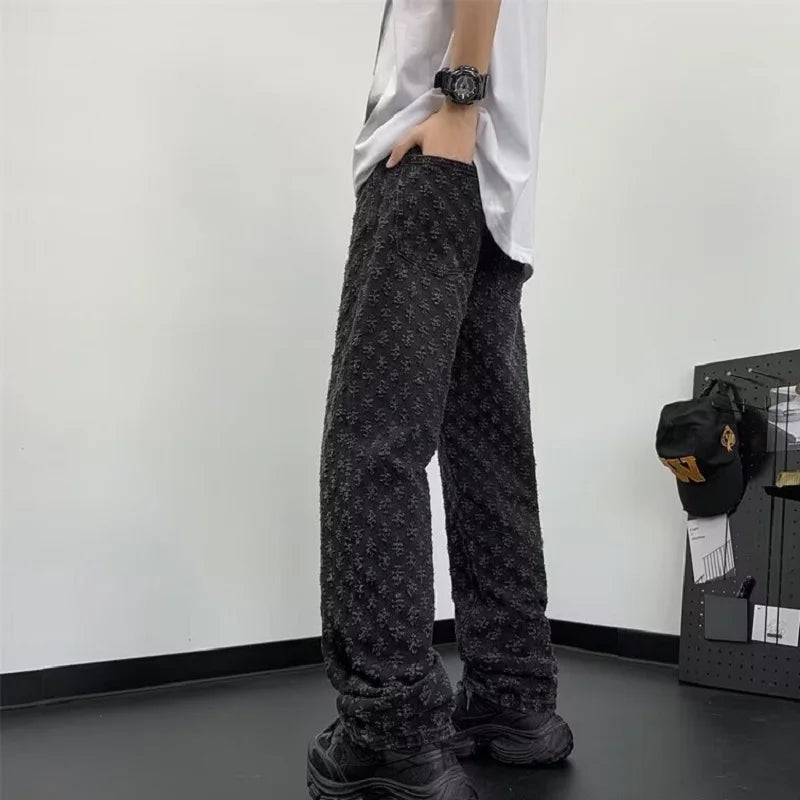 UrbanVault™ 2024 Jacquard Streetwear Jeans – Loose Wide-Leg, Straight Fit with All-Over Pattern