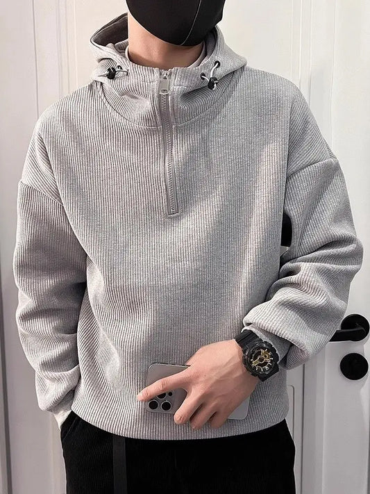 Men's Half-Zip Hooded Loose Casual Sweatshirt Spring Autumn Solid Color Simple Couple's Plush Top Coat