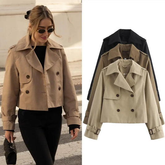 Vintage Cropped Trench Jacket – Women’s Double Breasted Streetwear Coat
